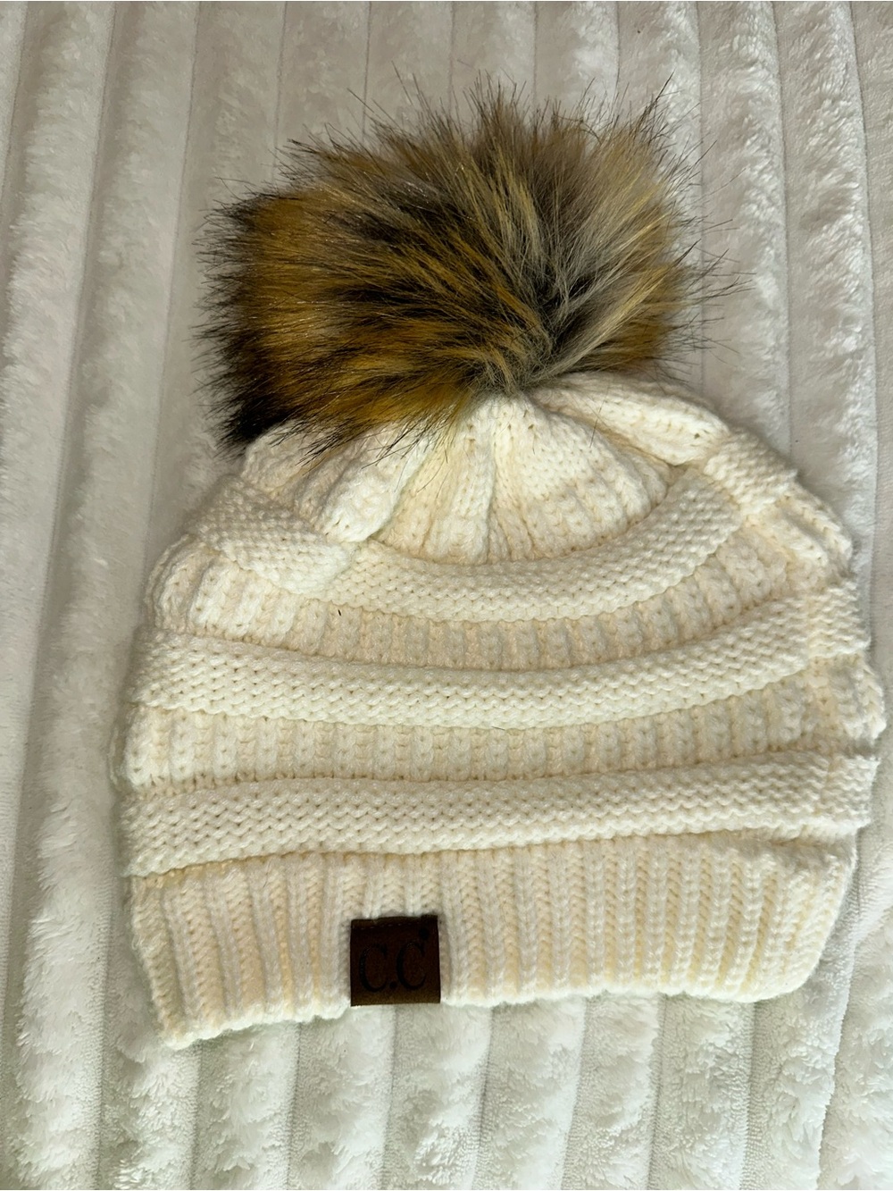 C.C Cream Cable Knit Beanie with Brown Faux Fur Pom
